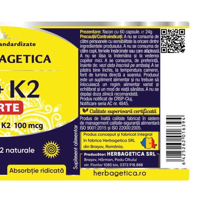 D3+K2 Forte, 60 capsule, Herbagetica D3+K2 Forte, 60 capsule, Herbagetica