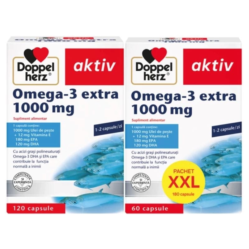 Pachet Aktiv Omega-3 Extra 1000mg, 120caps + 60caps, Doppelherz Pachet Aktiv Omega-3 Extra 1000mg, 120caps + 60caps, Doppelherz