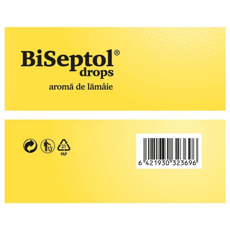 Biseptol dropsuri cu aroma de lamaie, 20 dropsuri, Dacia Plant Biseptol dropsuri cu aroma de lamaie, 20 dropsuri, Dacia Plant