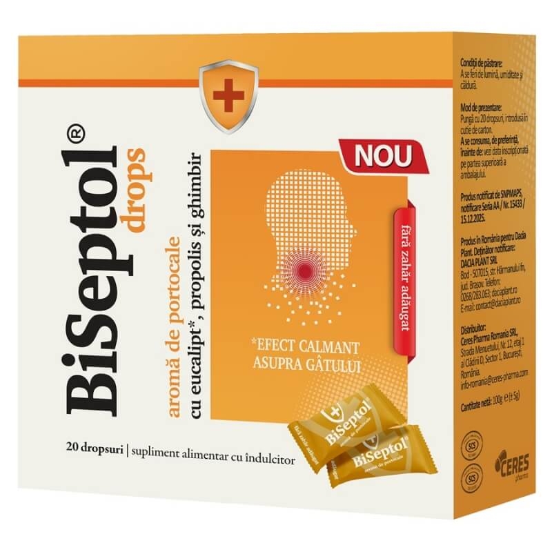 Biseptol dropsuri cu aroma de portocale, 20 dropsuri, Dacia Plant