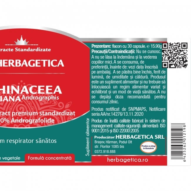 Echinaceea Indiana, 30 capsule, Herbagetica Echinaceea Indiana, 30 capsule, Herbagetica
