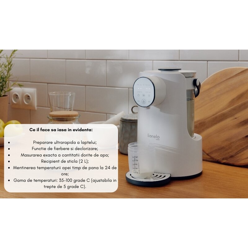 Espressor pentru lapte praf, Lionelo, Baby Presto, Functie declorizare si dozare a apei, Cu afisaj digital LED, Cu rezervor de 2 L, Alb Espressor pentru lapte praf, Lionelo, Baby Presto, Functie declorizare si dozare a apei, Cu afisaj digital LED, Cu rezervor de 2 L, Alb
