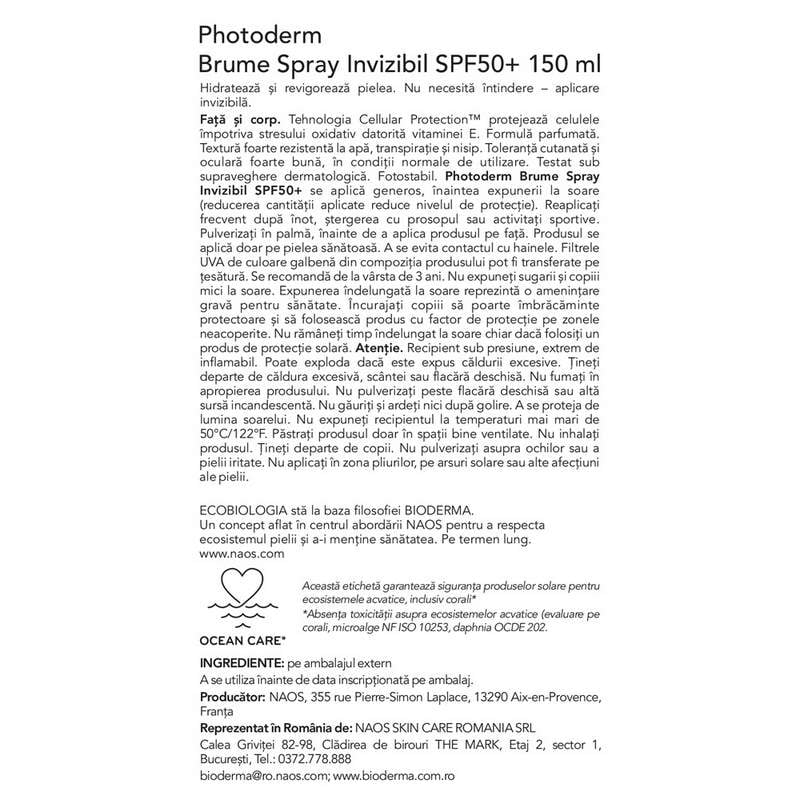 Spray invizibil cu SPF50+ Photoderm Brume, 150 ml, Bioderma Spray invizibil cu SPF50+ Photoderm Brume, 150 ml, Bioderma