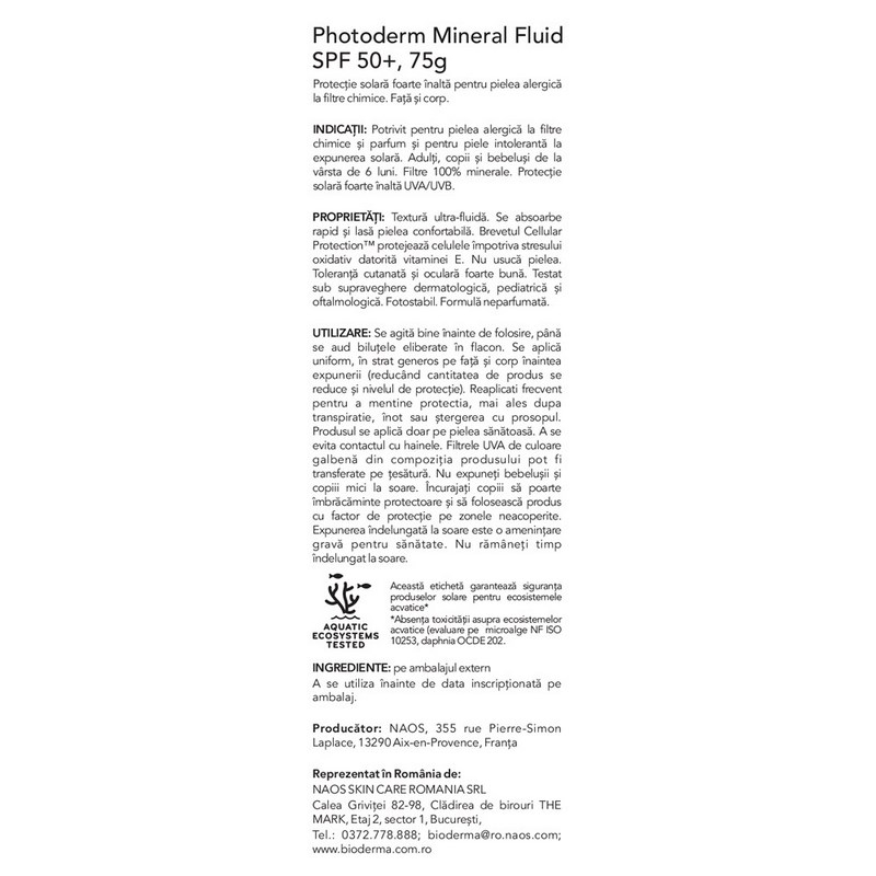 Fluid mineral SPF 50+ Photoderm, 75 g, Bioderma Fluid mineral SPF 50+ Photoderm, 75 g, Bioderma