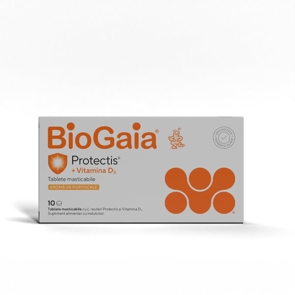 Protectis cu vitamina D3 800 UI cu aroma de portocale, 10 tablete masticabile, BioGaia Protectis cu vitamina D3 800 UI cu aroma de portocale, 10 tablete masticabile, BioGaia