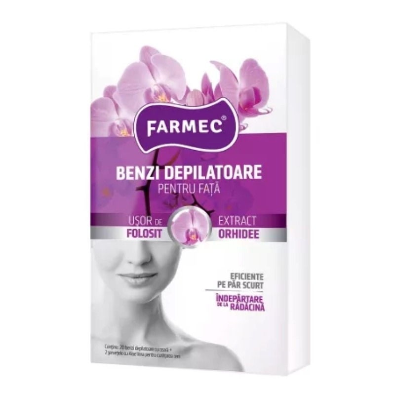 Benzi depilatoare pentru fata cu extract de orhidee, 20 bucati, Farmec Benzi depilatoare pentru fata cu extract de orhidee, 20 bucati, Farmec