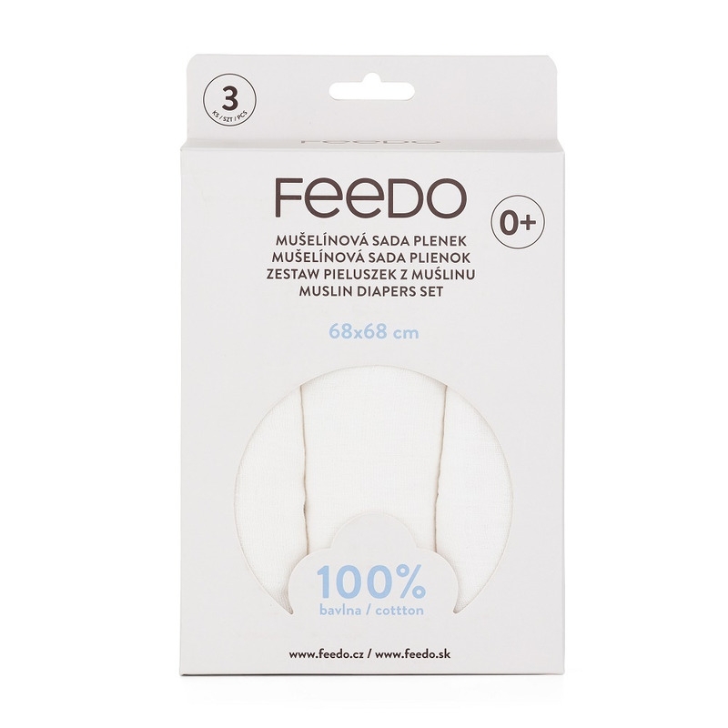 Feedo - Set 3 scutece din muselina, Multifunctionale, Din bumbac certificat Oeko-Tex Standard 100, 68x68 cm, 0 luni+, Alb Feedo - Set 3 scutece din muselina, Multifunctionale, Din bumbac certificat Oeko-Tex Standard 100, 68x68 cm, 0 luni+, Alb