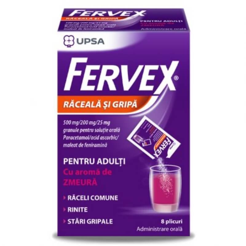 Fervex Raceala si Gripa cu aroma de zmeura, 500mg/200mg/25mg, 8 plicuri, Upsa Fervex Raceala si Gripa cu aroma de zmeura, 500mg/200mg/25mg, 8 plicuri, Upsa