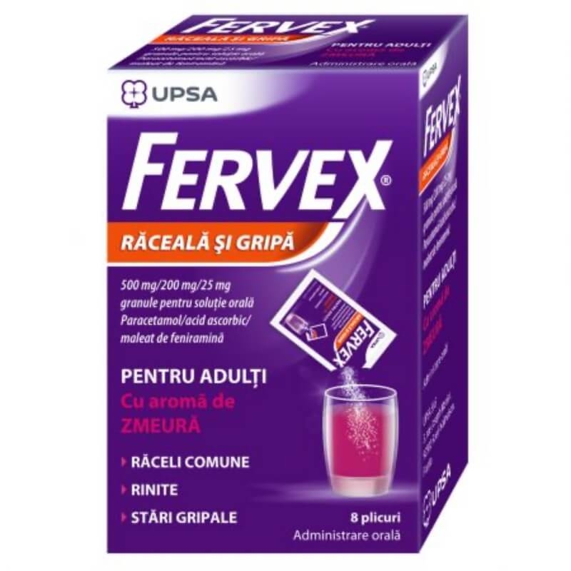 Fervex Raceala si Gripa cu aroma de zmeura, 500mg/200mg/25mg, 8 plicuri, Upsa Fervex Raceala si Gripa cu aroma de zmeura, 500mg/200mg/25mg, 8 plicuri, Upsa