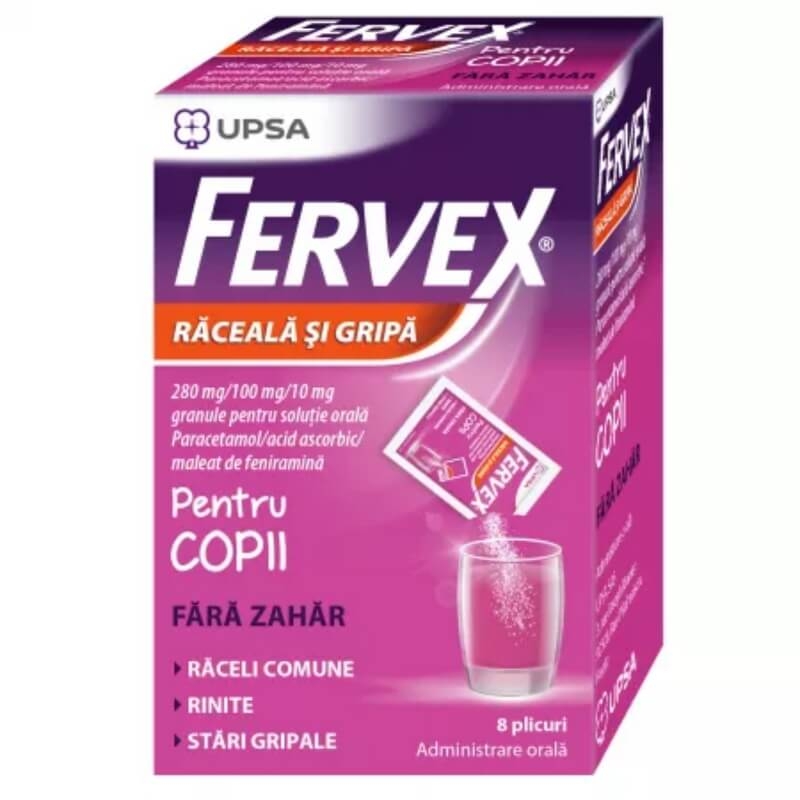 Fervex Raceala si Gripa fara zahar pentru copii, 280mg/100 mg/10 mg, 8 plicuri, Upsa Fervex Raceala si Gripa fara zahar pentru copii, 280mg/100 mg/10 mg, 8 plicuri, Upsa