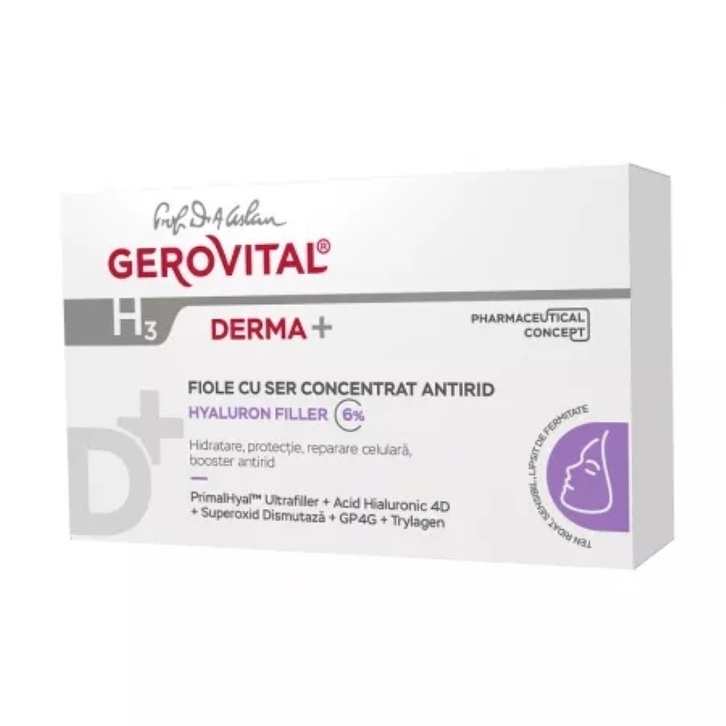 Fiole cu ser concentrat antirid H3 Derma+ 2 ml, 10 fiole, Gerovital Fiole cu ser concentrat antirid H3 Derma+ 2 ml, 10 fiole, Gerovital