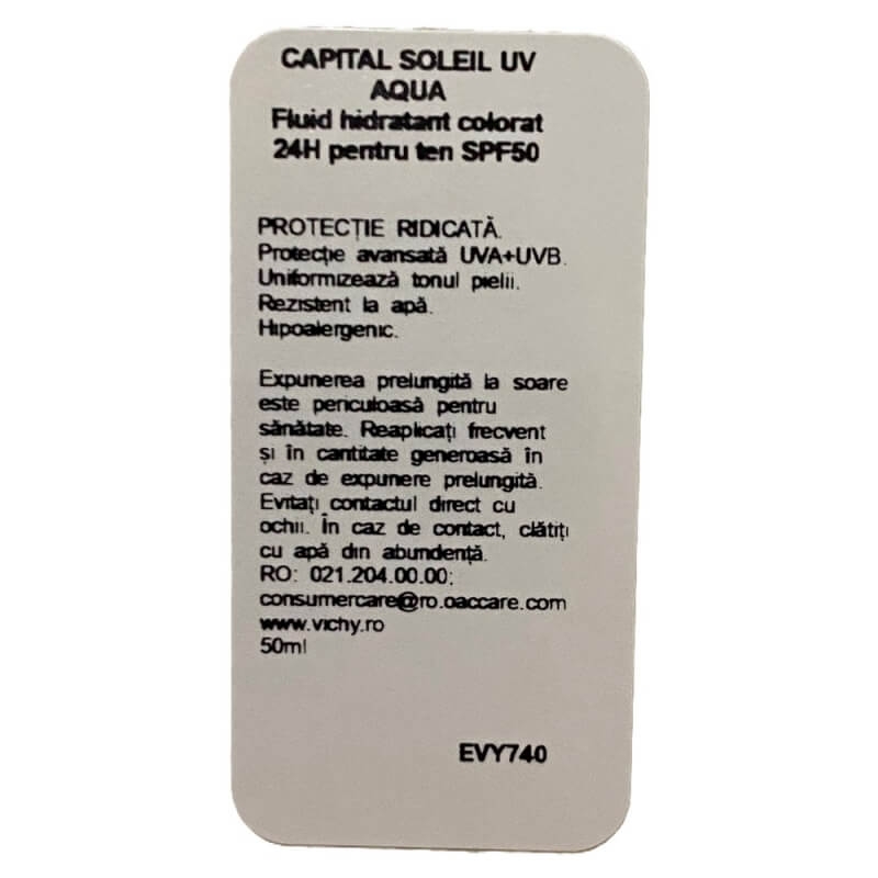 Fluid hidratant colorat Light SPF 50 UV Aqua Capital Soleil, 50 ml, Vichy