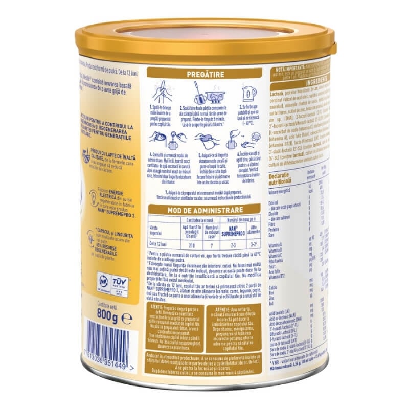 Lapte praf fortifiat Nan 3 Supreme Pro, 12 luni+, 800 g, Nestle Lapte praf fortifiat Nan 3 Supreme Pro, 12 luni+, 800 g, Nestle