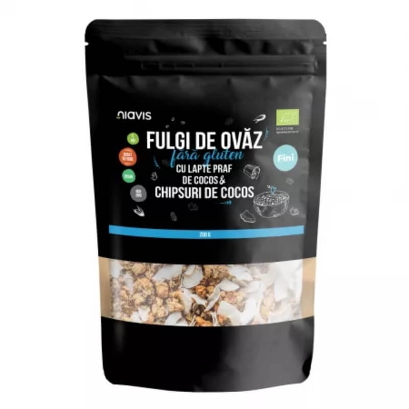 Fulgi de ovaz fini fara gluten cu lapte praf de cocos si chipsuri de cocos, 200 g, Niavis Fulgi de ovaz fini fara gluten cu lapte praf de cocos si chipsuri de cocos, 200 g, Niavis