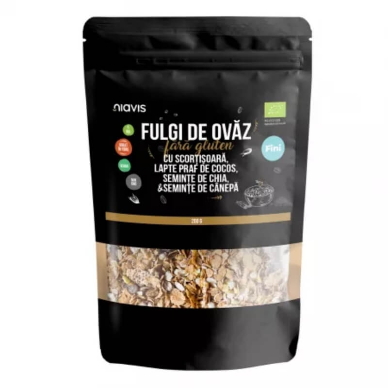 Fulgi de ovaz fini fara gluten cu scortisoara, lapte praf de cocos, seminte de chia si seminte de canepa, 200 g, Niavis Fulgi de ovaz fini fara gluten cu scortisoara, lapte praf de cocos, seminte de chia si seminte de canepa, 200 g, Niavis