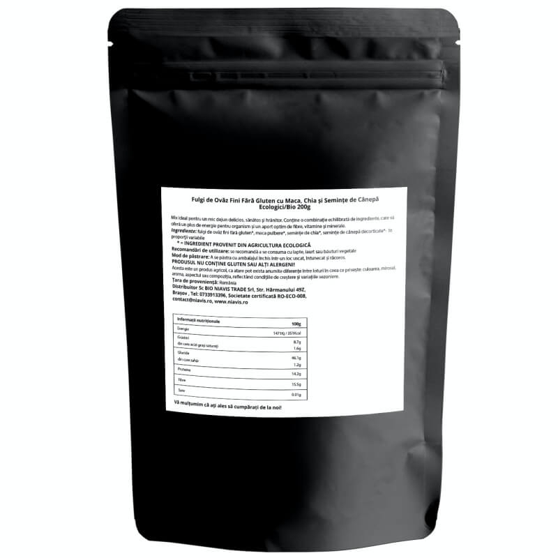 Fulgi de ovaz fini fara gluten cu maca, seminte de chia si seminte de canepa, 200 g, Niavis Fulgi de ovaz fini fara gluten cu maca, seminte de chia si seminte de canepa, 200 g, Niavis