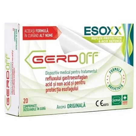 Esoxx Dispozitiv medical pentru tratamentul refluxului gastroesofagian Reflux Protection Acid Defence, 20 comprimate masticabile, Sofar Esoxx Dispozitiv medical pentru tratamentul refluxului gastroesofagian Reflux Protection Acid Defence, 20 comprimate masticabile, Sofar