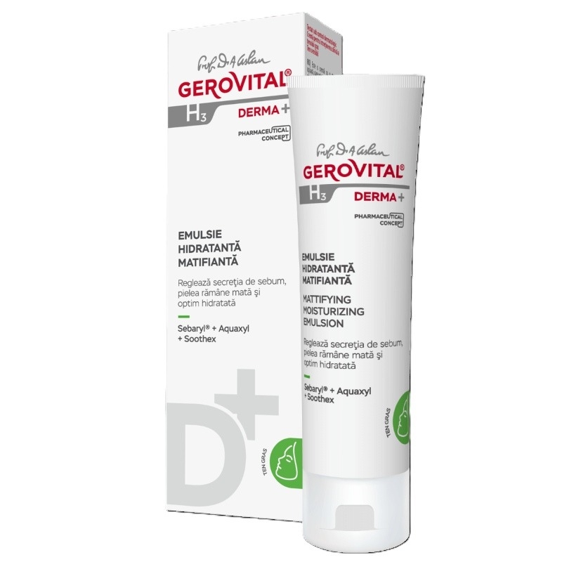 Emulsie hidratanta matifianta ten gras H3 Derma+, 50 ml, Gerovital Emulsie hidratanta matifianta ten gras H3 Derma+, 50 ml, Gerovital