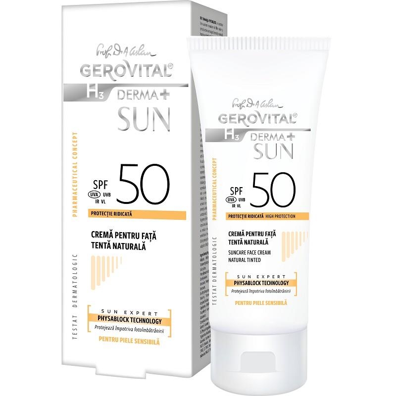 Crema pentru fata SPF 50 tenta naturala H3 Derma+ Sun, 50 ml, Gerovital Crema pentru fata SPF 50 tenta naturala H3 Derma+ Sun, 50 ml, Gerovital