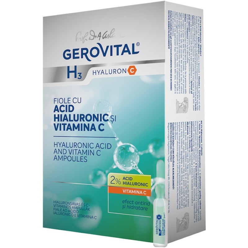 Fiole cu acid hialuronic si vitamina C H3 Hyaluronic C, 10 x 2 ml, Gerovital Fiole cu acid hialuronic si vitamina C H3 Hyaluronic C, 10 x 2 ml, Gerovital
