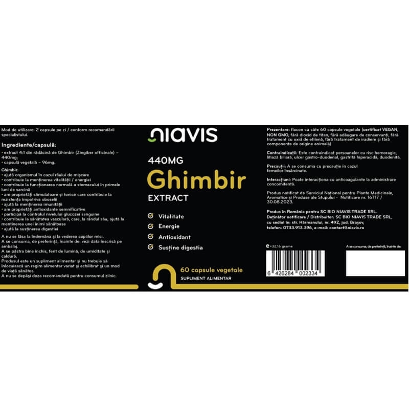 Ghimbir extract, 440 mg, 60 capsule, Niavis Ghimbir extract, 440 mg, 60 capsule, Niavis