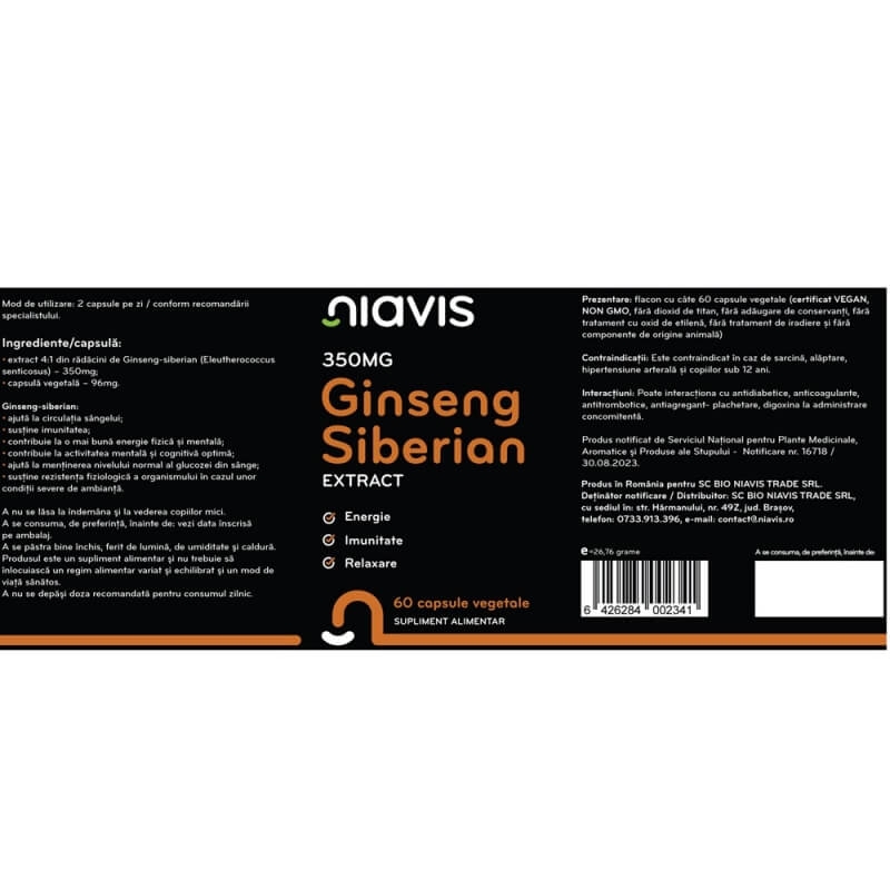 Ginseng siberian extract 350 mg, 60 capsule, Niavis Ginseng siberian extract 350 mg, 60 capsule, Niavis
