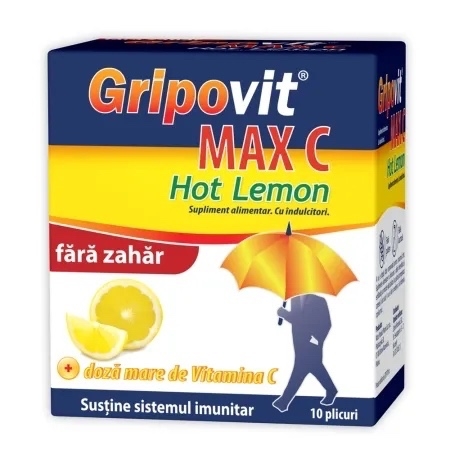 Gripovit Max C Hot Lemon fara zahar, 10 plicuri, Zdrovit Gripovit Max C Hot Lemon fara zahar, 10 plicuri, Zdrovit