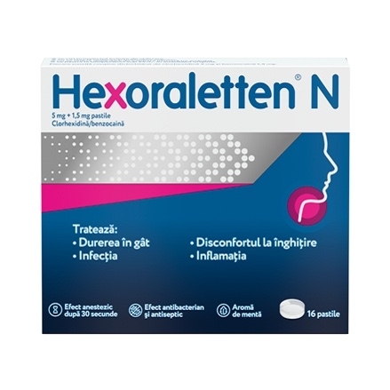 Hexoraletten N, 5 mg+1,5 mg, 16 pastile, Mcneil Healthcare Hexoraletten N, 5 mg+1,5 mg, 16 pastile, Mcneil Healthcare