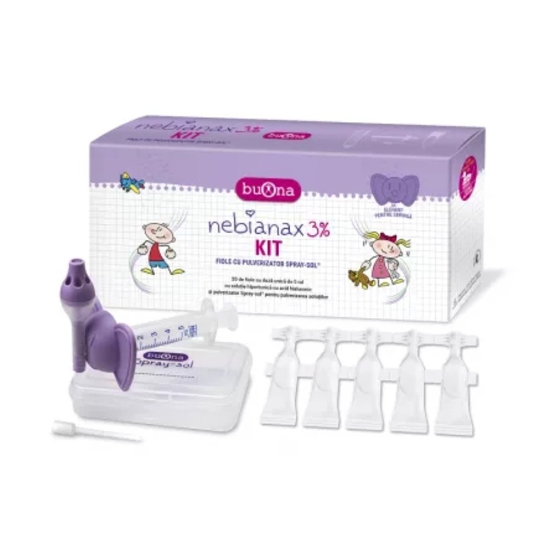 Kit Solutie salina hipertonica 3% cu acid hialuronic 5 ml, 20 fiole + Pulverizator, Nebianax Kit Solutie salina hipertonica 3% cu acid hialuronic 5 ml, 20 fiole + Pulverizator, Nebianax