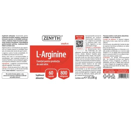 L-Arginine 800 mg, 60 capsule, Zenyth L-Arginine 800 mg, 60 capsule, Zenyth