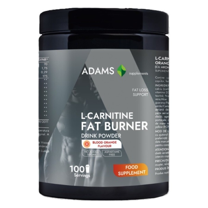 L-Carnitine Fat Burner pulbere instant cu aroma de portocala, 350 g, Adams Supplements L-Carnitine Fat Burner pulbere instant cu aroma de portocala, 350 g, Adams Supplements