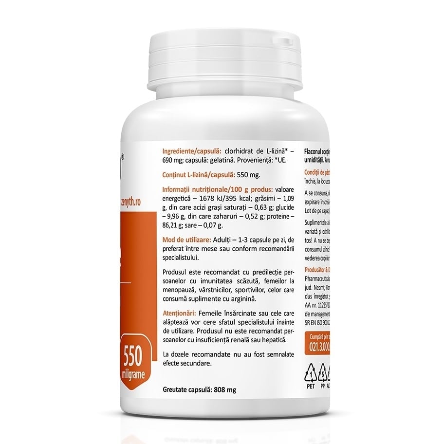 L-Lysine, 550 mg, 60 capsule, Zenyth L-Lysine, 550 mg, 60 capsule, Zenyth