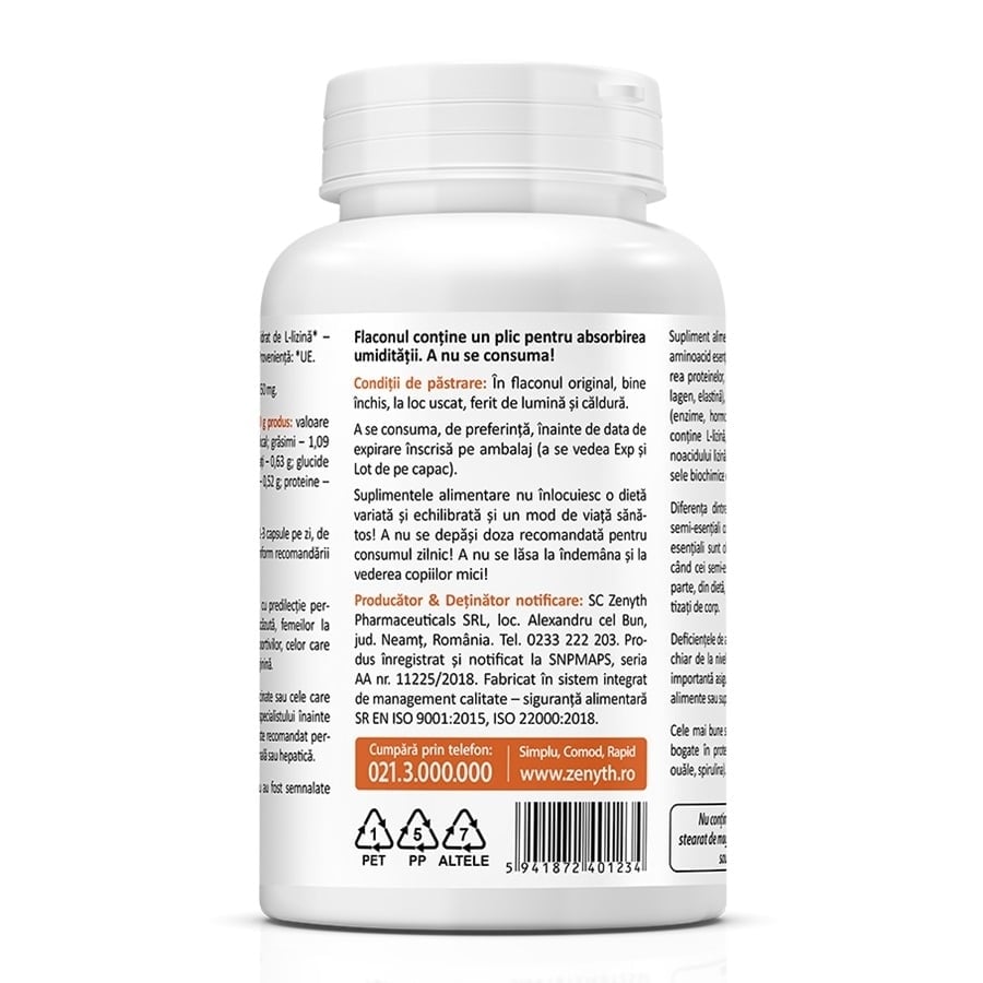 L-Lysine, 550 mg, 60 capsule, Zenyth L-Lysine, 550 mg, 60 capsule, Zenyth