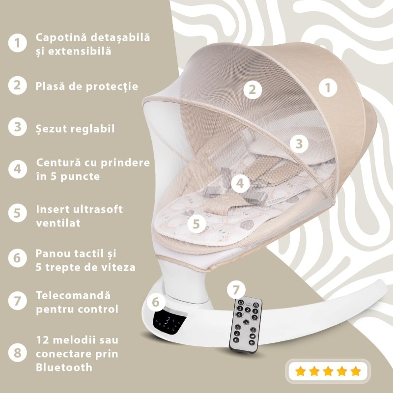 Leagan electric pentru bebelusi Evoque, Bubble Beige, Appekids Leagan electric pentru bebelusi Evoque, Bubble Beige, Appekids