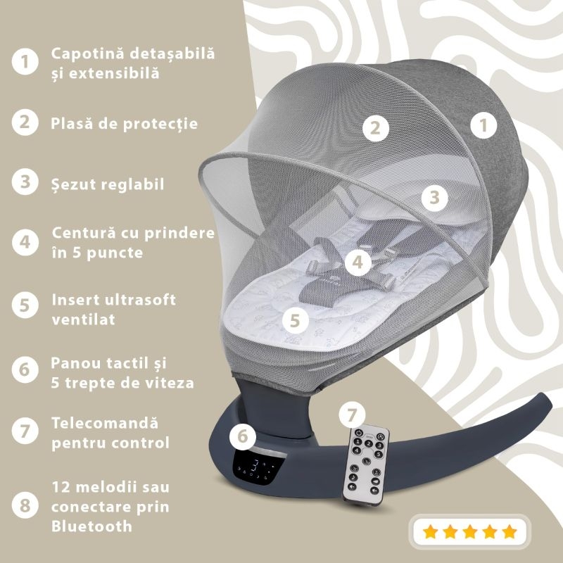 Leagan electric pentru bebelusi Evoque, Powder Grey, Appekids Leagan electric pentru bebelusi Evoque, Powder Grey, Appekids