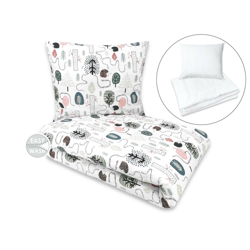 Lenjerie pat junior cu 4 piese, Qmini, Din bumbac certificat Oeko Tex Standard 100, 160 x 100 cm, Hedgehog Lenjerie pat junior cu 4 piese, Qmini, Din bumbac certificat Oeko Tex Standard 100, 160 x 100 cm, Hedgehog
