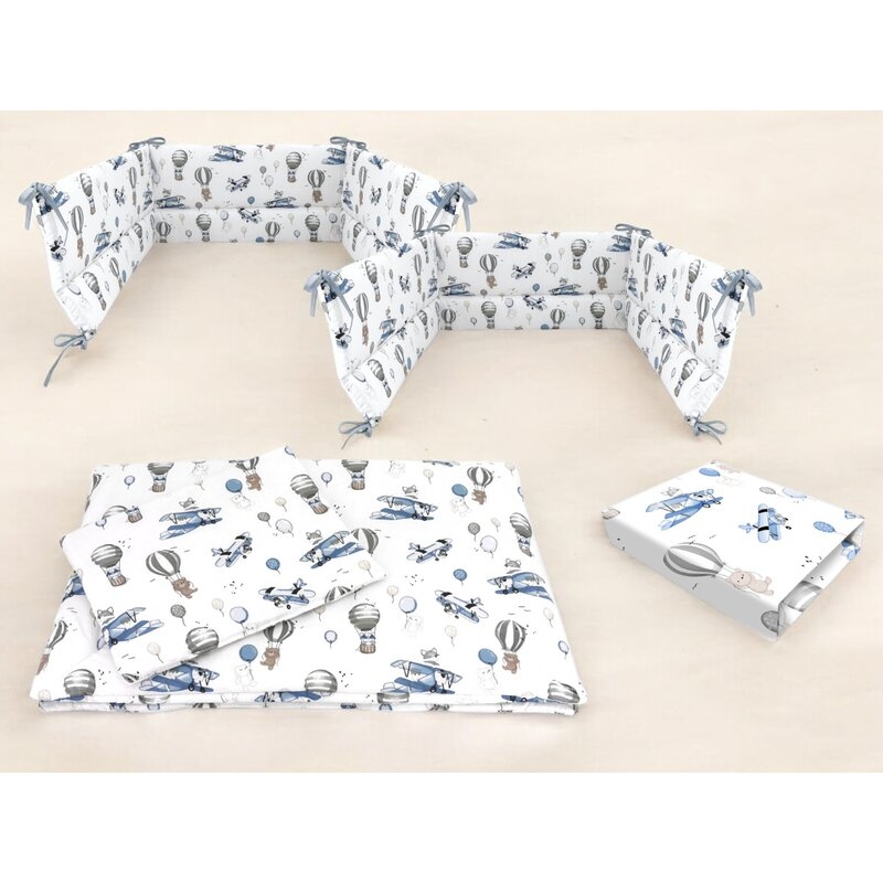 Lenjerie patut cu 5 piese, MimiNu, Cu cearceaf 120x60 cm, Pilota, Pernuta, 2 aparatori, Din bumbac certificat Oeko Tex Standard 100, Blue Plane Lenjerie patut cu 5 piese, MimiNu, Cu cearceaf 120x60 cm, Pilota, Pernuta, 2 aparatori, Din bumbac certificat Oeko Tex Standard 100, Blue Plane