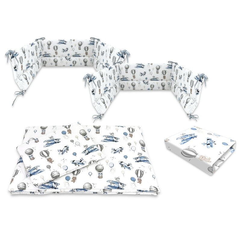 Lenjerie patut cu 5 piese, MimiNu, Cu cearceaf 120x60 cm, Pilota, Pernuta, 2 aparatori, Din bumbac certificat Oeko Tex Standard 100, Blue Plane Lenjerie patut cu 5 piese, MimiNu, Cu cearceaf 120x60 cm, Pilota, Pernuta, 2 aparatori, Din bumbac certificat Oeko Tex Standard 100, Blue Plane
