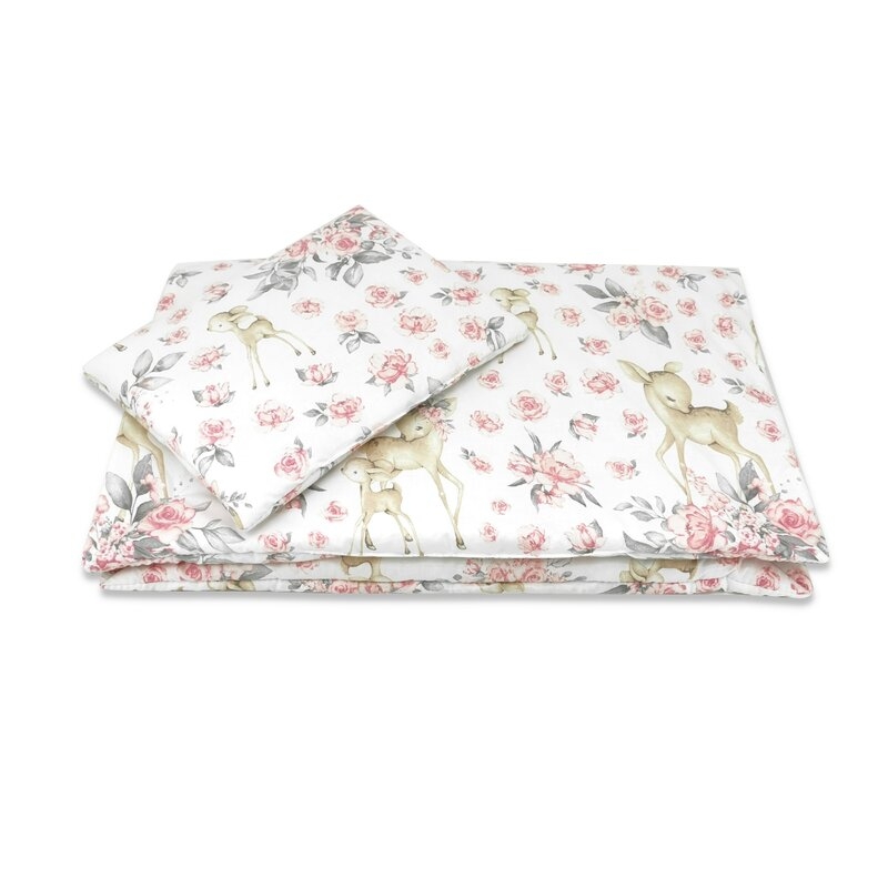 Lenjerie patut cu 5 piese, MimiNu, Cu cearceaf 120x60 cm, Pilota, Pernuta, 2 aparatori, Din bumbac certificat Oeko Tex Standard 100, Sweet Deer Pink