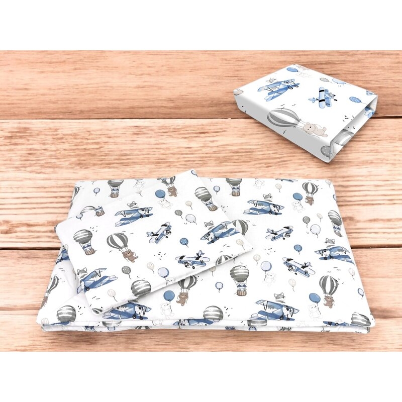 Lenjerie patut cu 3 piese, MimiNu, Cu cearceaf 120x60 cm, Pilota, Pernuta, Din bumbac certificat Oeko Tex Standard 100, Blue Plane Lenjerie patut cu 3 piese, MimiNu, Cu cearceaf 120x60 cm, Pilota, Pernuta, Din bumbac certificat Oeko Tex Standard 100, Blue Plane