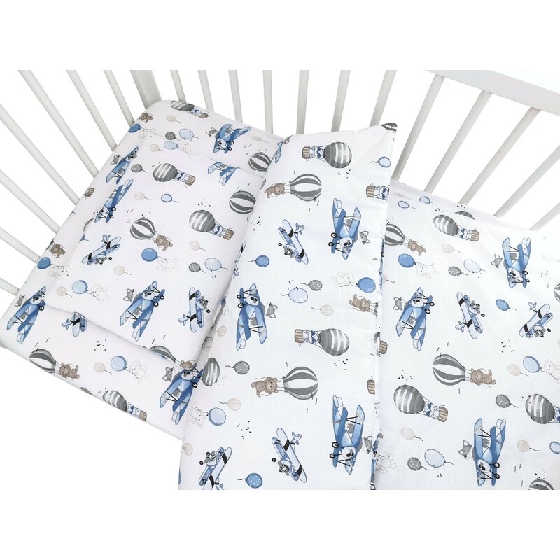 Lenjerie patut cu 3 piese, MimiNu, Cu cearceaf 120x60 cm, Pilota, Pernuta, Din bumbac certificat Oeko Tex Standard 100, Blue Plane Lenjerie patut cu 3 piese, MimiNu, Cu cearceaf 120x60 cm, Pilota, Pernuta, Din bumbac certificat Oeko Tex Standard 100, Blue Plane