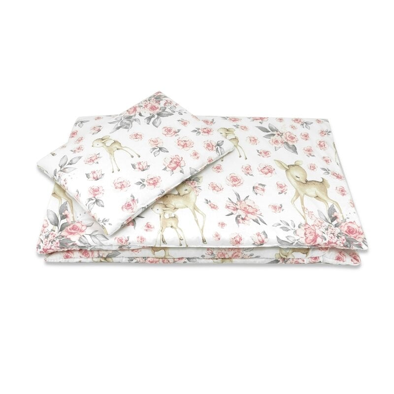 Lenjerie patut cu 3 piese, MimiNu, Cu cearceaf 120x60 cm, Pilota, Pernuta, Din bumbac certificat Oeko Tex Standard 100, Sweet Deer Pink Lenjerie patut cu 3 piese, MimiNu, Cu cearceaf 120x60 cm, Pilota, Pernuta, Din bumbac certificat Oeko Tex Standard 100, Sweet Deer Pink