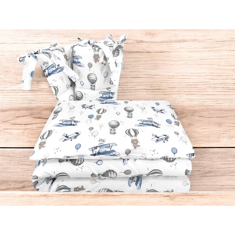 Lenjerie patut cu 3 piese, MimiNu, Pentru patut 120x60 cm, Cu protectie laterala, Din bumbac certificat Oeko Tex Standard 100, Blue Plane Lenjerie patut cu 3 piese, MimiNu, Pentru patut 120x60 cm, Cu protectie laterala, Din bumbac certificat Oeko Tex Standard 100, Blue Plane