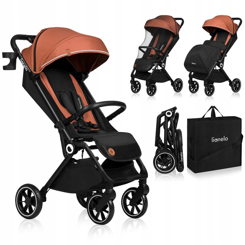 Lionelo - Carucior sport Cloe, De la nastere, Cu accesorii, Cadru din aluminiu, 0-22 kg, Usor, Pliabil cu o singura mana, Ideal pentru toate tipurile de suprafete, Maro