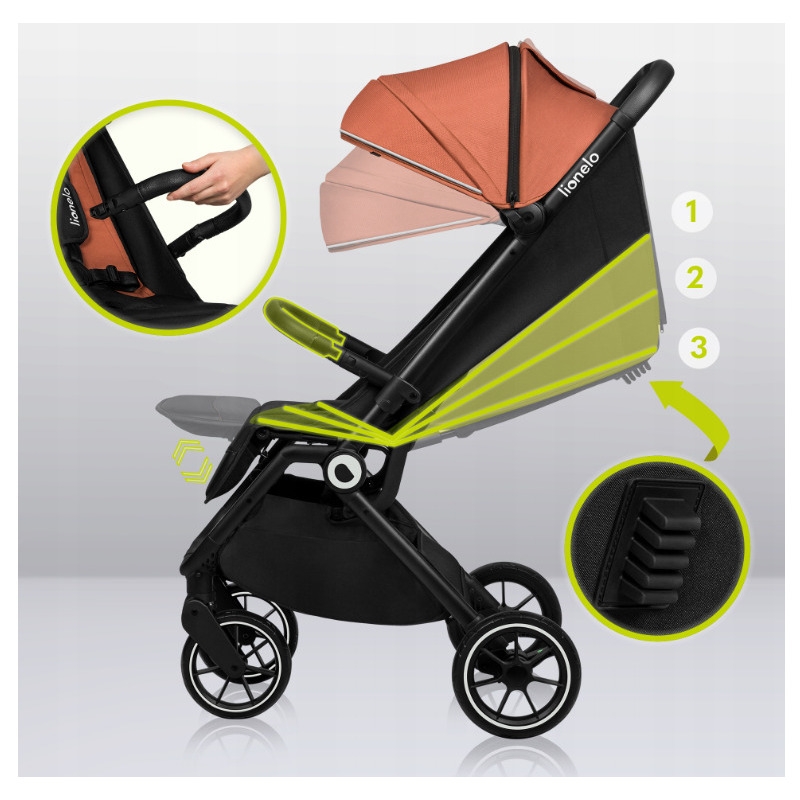 Lionelo - Carucior sport Cloe, De la nastere, Cu accesorii, Cadru din aluminiu, 0-22 kg, Usor, Pliabil cu o singura mana, Ideal pentru toate tipurile de suprafete, Maro