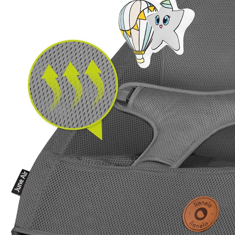 Fotoliu balansoar June AIR, Cu arcada cu jucarii, Ergonomic, Permite circulatia aerului, Balansare manuala, Pliabil, 0 luni+, Gri, Lionelo Fotoliu balansoar June AIR, Cu arcada cu jucarii, Ergonomic, Permite circulatia aerului, Balansare manuala, Pliabil, 0 luni+, Gri, Lionelo