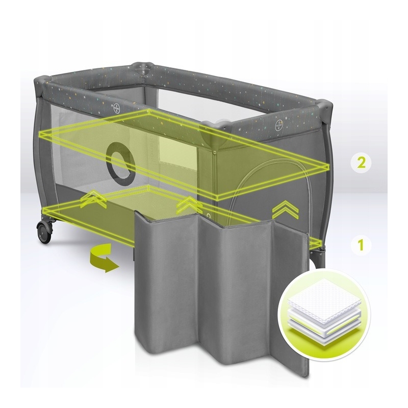 Lionelo - Patut pliant cu doua nivele, Stefi Plus, Cu intrare laterala cu fermoar, 2 roti, 120 x 60 cm, Conform cu standardul european de securitate EN 716, Gri/ Multicolor Lionelo - Patut pliant cu doua nivele, Stefi Plus, Cu intrare laterala cu fermoar, 2 roti, 120 x 60 cm, Conform cu standardul european de securitate EN 716, Gri/ Multicolor