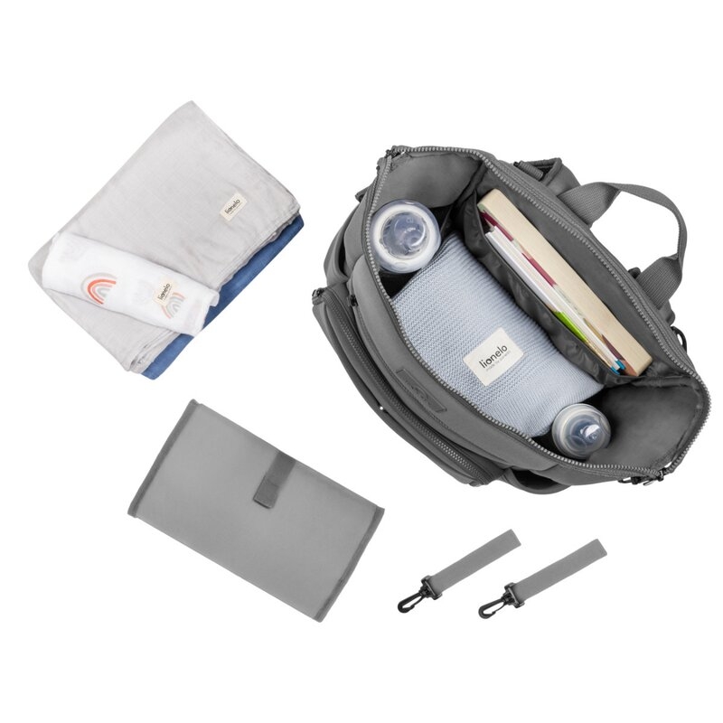 Lionelo - Rucsac pentru mamici, Cu 12 compartimente si salteluta de schimbat, Cu prindere universala de carucior, Impermeabila, 36 x 36 x 23 cm, Gri Lionelo - Rucsac pentru mamici, Cu 12 compartimente si salteluta de schimbat, Cu prindere universala de carucior, Impermeabila, 36 x 36 x 23 cm, Gri