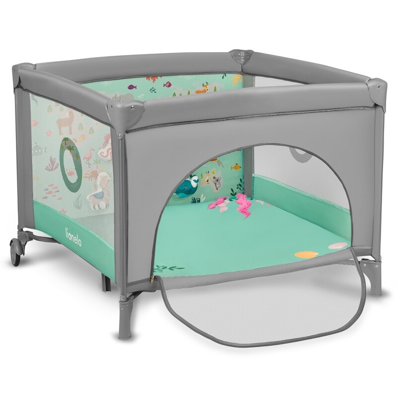 Lionelo - Tarc de joaca, Pliabil, Include covor educational incorporat cu 4 jucarii Velcro si geanta de transport, Cu roti si inchidere laterala, Saltea din spuma, 100x100 cm, Verde Lionelo - Tarc de joaca, Pliabil, Include covor educational incorporat cu 4 jucarii Velcro si geanta de transport, Cu roti si inchidere laterala, Saltea din spuma, 100x100 cm, Verde