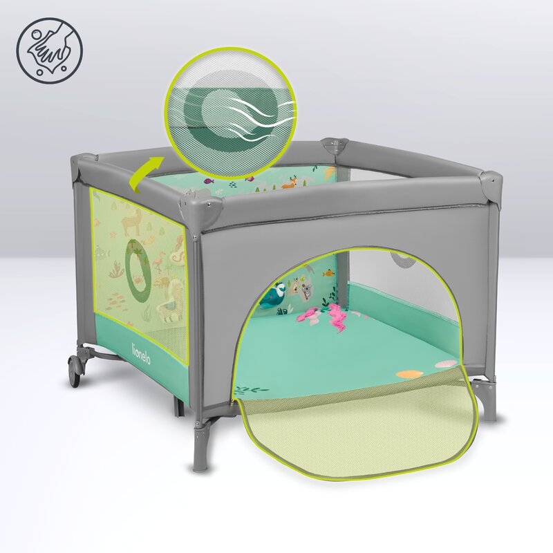 Lionelo - Tarc de joaca, Pliabil, Include covor educational incorporat cu 4 jucarii Velcro si geanta de transport, Cu roti si inchidere laterala, Saltea din spuma, 100x100 cm, Verde Lionelo - Tarc de joaca, Pliabil, Include covor educational incorporat cu 4 jucarii Velcro si geanta de transport, Cu roti si inchidere laterala, Saltea din spuma, 100x100 cm, Verde